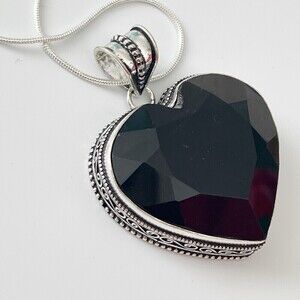 Black Onyx Heart Necklace Pendant 925 Sterling Silver womens jewelry